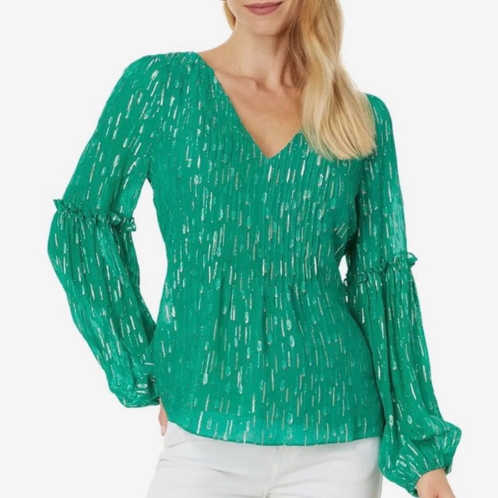 Lilly Pulitzer Cleme Long Sleeve Top Green & Gold Metallic V-Neck Size 10